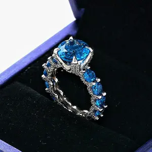 Aossio Aqua Blue Round Zircon Fashion Engagement Ring