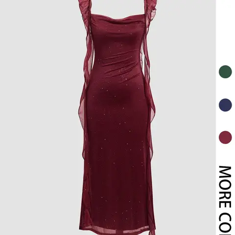 Women's Solid Color Glitter Ruffle Trim Formal Dress, Prom Dress, Date Night Dresses, Elegant Sleeveless Dress for Party Club Dating Wear, Ladies Clothes for All Seasons, Womenswear