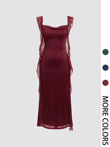 women's solid glitter ruffle trim dress, formal elegant sleeveless dress for party club dating wear, ladies clothes for all seasons, womenswear, formal dresses women, dresses for women, evening party dresses, sequins mermaid dress