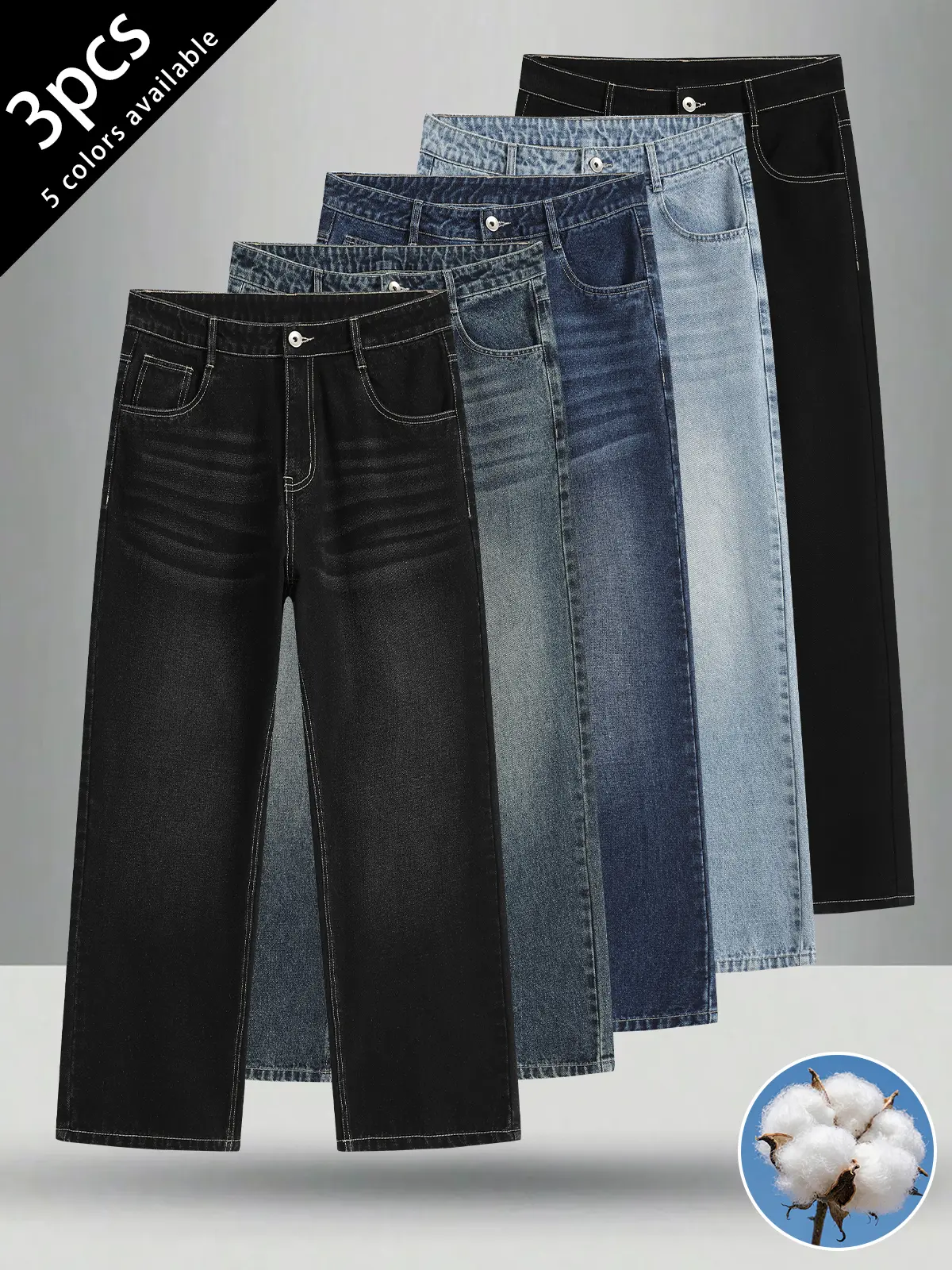 3-pack men’s long pants containing cotton; men’s jeans; men’s loose cotton denim long pants.Waist button design, loose straight cut, slimming and versatile, flattering for all body types.Available in multiple colors, suitable for all seasons, ideal for ev