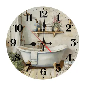 12 Inch Watercolor Vintage Bathroom Scene Wooden Wall Clock| Silent Sweep Movement Clawfoot Tub Design, Battery Not Included, Ideal for Cottage, Farmhouse, Guest Bathroom, Laundry Room