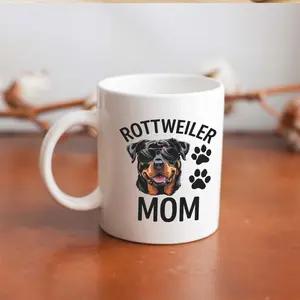 1pc 11oz Rottweiler Mom Coffee Mug - Cute & Heartwarming Gift for Dog Lovers, Perfect for Mother'S Day, Birthdays, and Family Celebrations, White Ceramic with Black Paw Print Design, Hand Wash Only, Dog Lover Gifts