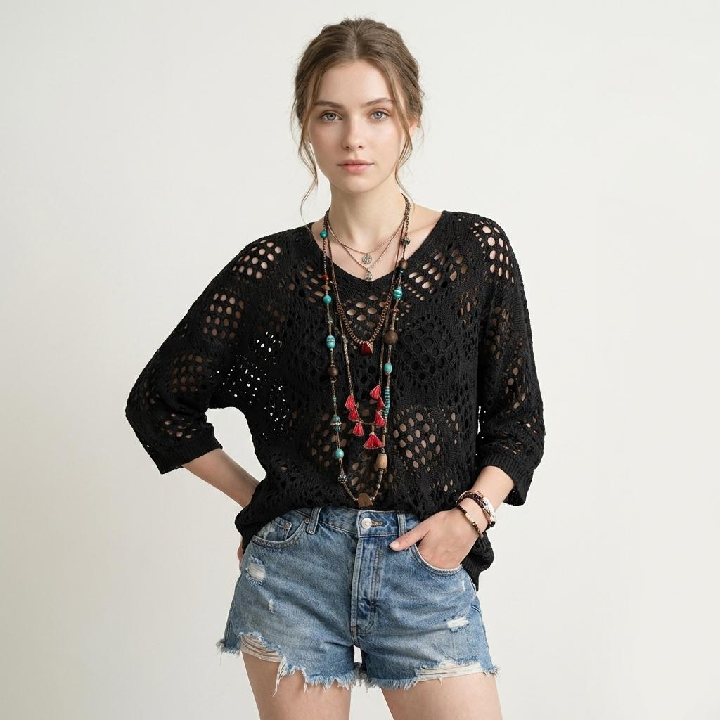 Women's Crochet V-Neck Hooded Sweater - Lightweight Hollow Out Mesh Knit Top Batwing Half Sleeve Slouchy Pullover - Y2K Boho Chic Summer Beach Cover Up Festival Outfit See-Through Knitwear - Plus Size Options