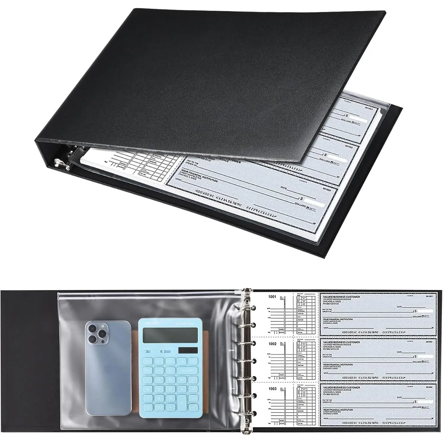 Black 7-Ring Check Binder with Checkbook Pouch, 3-On-A-Page Business Checkbook Holder, 500-Check Capacity, 2024-2030 Calendar Organizer, Sleek Office Binder Accessory