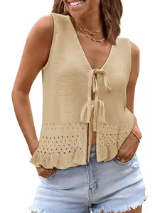 COCCKO Womens Crochet Tops Casual Summer 2026 Sleeveless Knit Tank Ruffle Eyelet Tie Front Sweater Vest