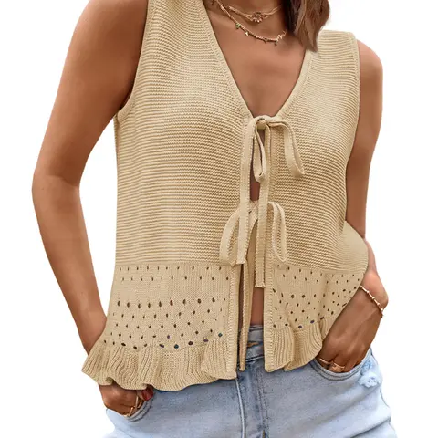 COCCKO Womens Crochet Tops Casual Summer 2026 Sleeveless Knit Tank Ruffle Eyelet Tie Front Sweater Vest