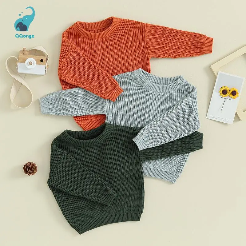 Infant & Toddler Autumn/Winter Warm Sweater — Solid-Color Knitted Long-Sleeve Crewneck Pullover (Winter Sweatshirt Style)