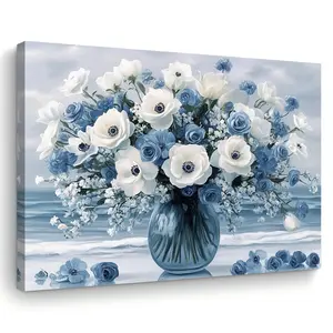 [Hanging Art]1pc Framed Floral Wall Art Canvas Print - Elegant Blue Vase with White & Blue Roses, Wooden Framed Modern Roses Picture Suitable for Living Room, Bedroom, Kitchen Decor - Perfect Housewarming or Christmas Gift, 2D Flat