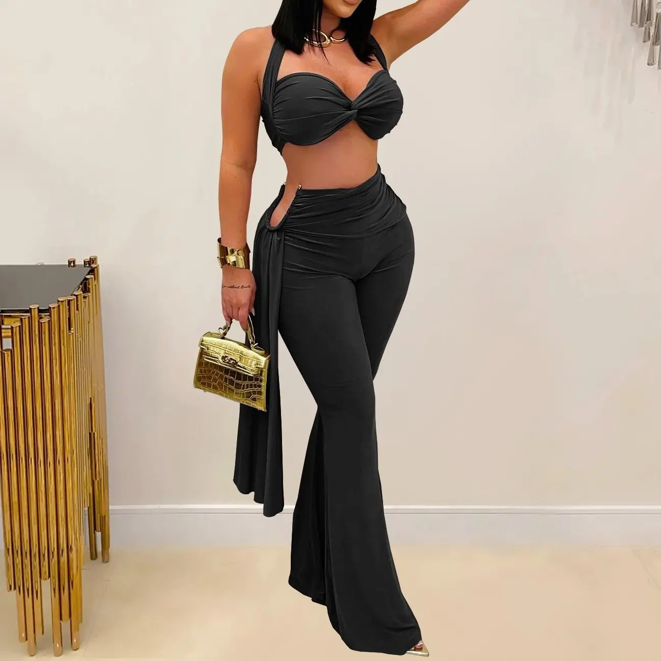 Women's 2-Piece Club Outfits - Sleeveless Halter Bandage Crop Top & High Waist Flare Pants Set, Chic Casual Clothes for Party Going Out