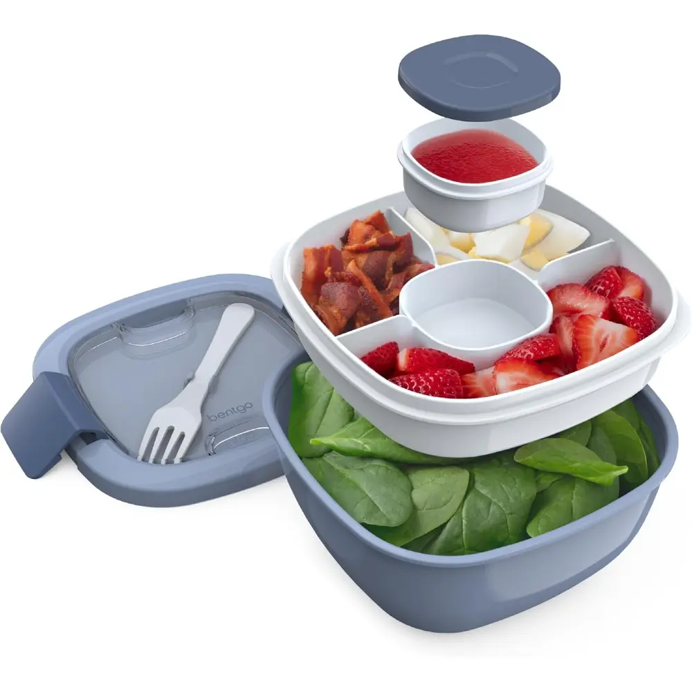 BPA-Free Slate Salad Container - 54 oz Bowl with 4-Compartment Removable Bento Tray, Airtight Lid, Leak-Proof Dressing Container, Secure Locking Clips, Microwave-Safe Reusable Lunch Box for Healthy Meal Prep, Food Storage & Meal Prep Ideas, Reusable Fork