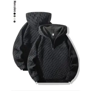 Men's Plaid Texture Fleece Lined Hoodie Half-Zip Fashion Solid Color Sweatshirt, Warm Casual Wear for Fall Winter Outdoor Activities