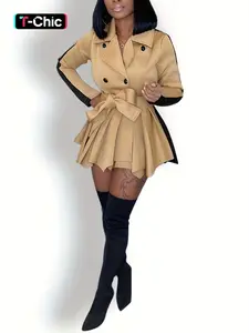 Women's Colorblock Double Button Plicated Belted Blazer Formal Workwear Dress, Elegant Lapel Neck Long Sleeve Short Dress for Fall & Winter, Women's Clothing for Daily Wear, Womenswear