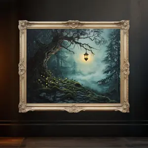 Enchanted Forest Lantern Wall Art, Mystical Woods Print, Magical Night Scene Art, Dark Forest Decor, Illuminated Lantern Art, Unframed