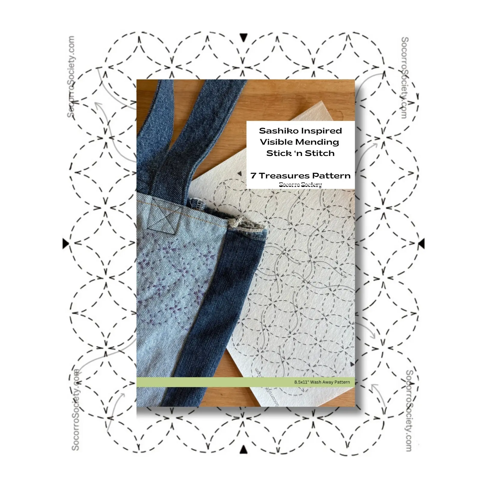 Socorro Society Sashiko-Inspired Mending 7 Treasures Stick-and-Stitch Wash-Away Embroidery Pattern