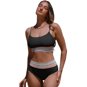 Cali Chic Swimsuit Women Color Block Patchwork High Waist Two Piece Bikini Set