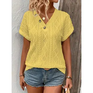 Button Decoration V Neck T-Shirt, Casual Short Sleeve Textured Top Spring Summer, Women's Clothing