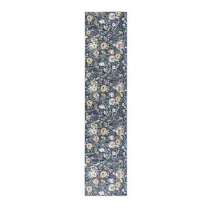 360 Stand 10 ft. Floral Print Power-Loom Cotton Blend Runner Rug - Blue, Non-Skid, Washable, Bathroom Use, Traditional Look