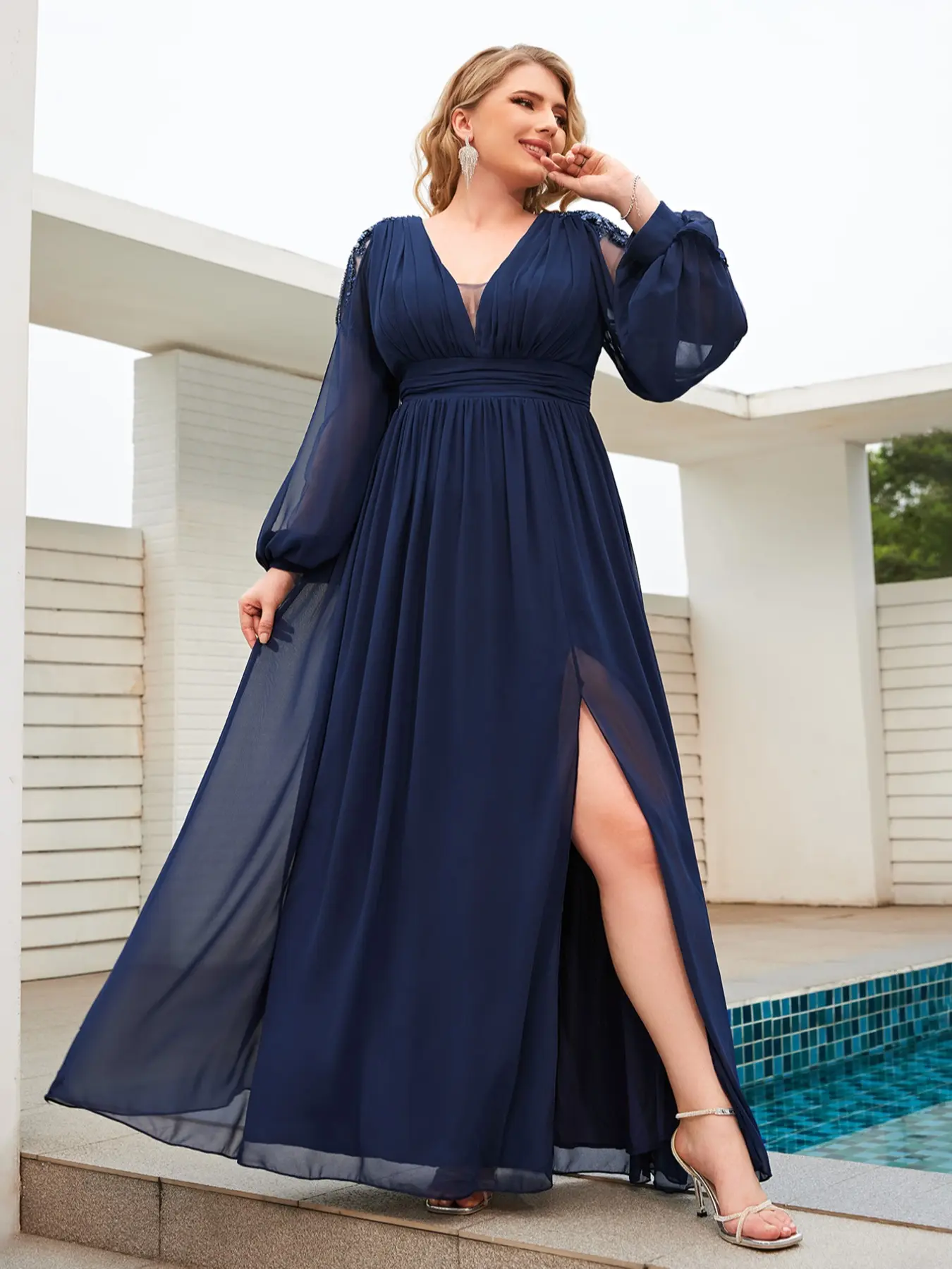 V Neck Pleated Long Sleeve Embroidered Beaded Waist Cinched Ruffled High Slit Chiffon Maxi Evening Party Bridesmaid Dress