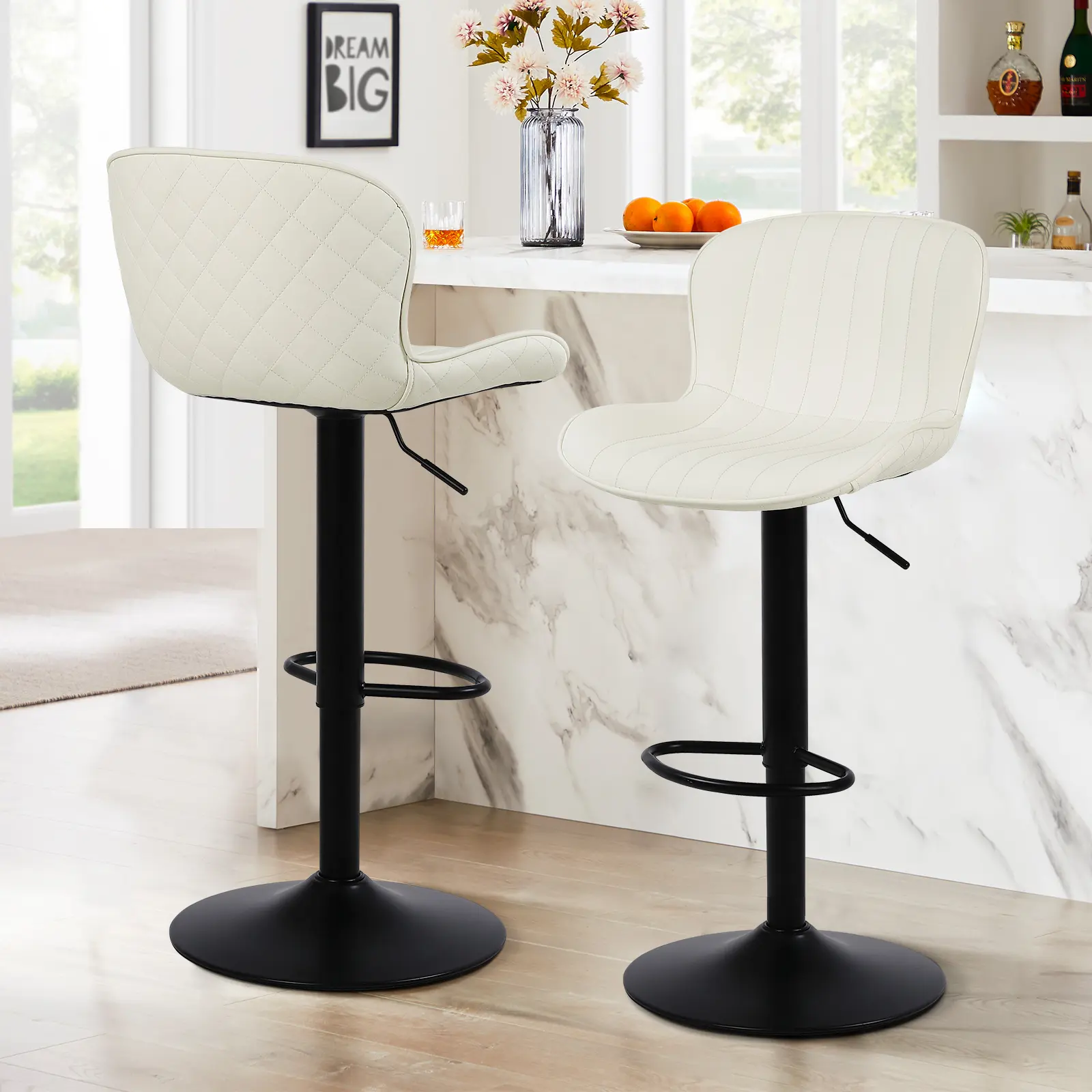 ERMNOIS Modern Bar Stools , Swivel Counter Height Barstools/Chairs (Height Adjustable) - Modern Faux Leather Barstool with High Backrest, 17.72" Large Base, Suitable for Kitchen Island, Dining Room