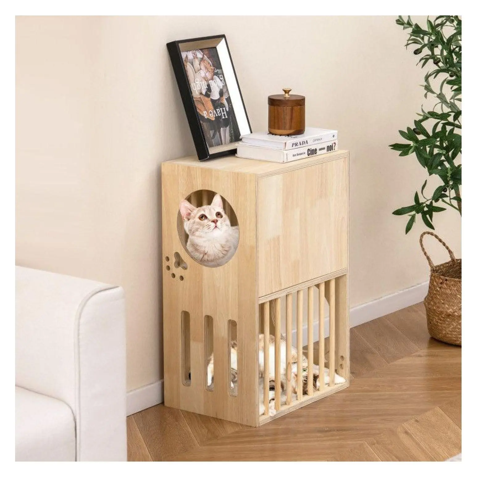 Wooden Cat Condo 2-Tier Indoor Cat House, Removable Cushions & Scratching Posts, Symmetrical Design for Kittens & Cats, Natural White Finish