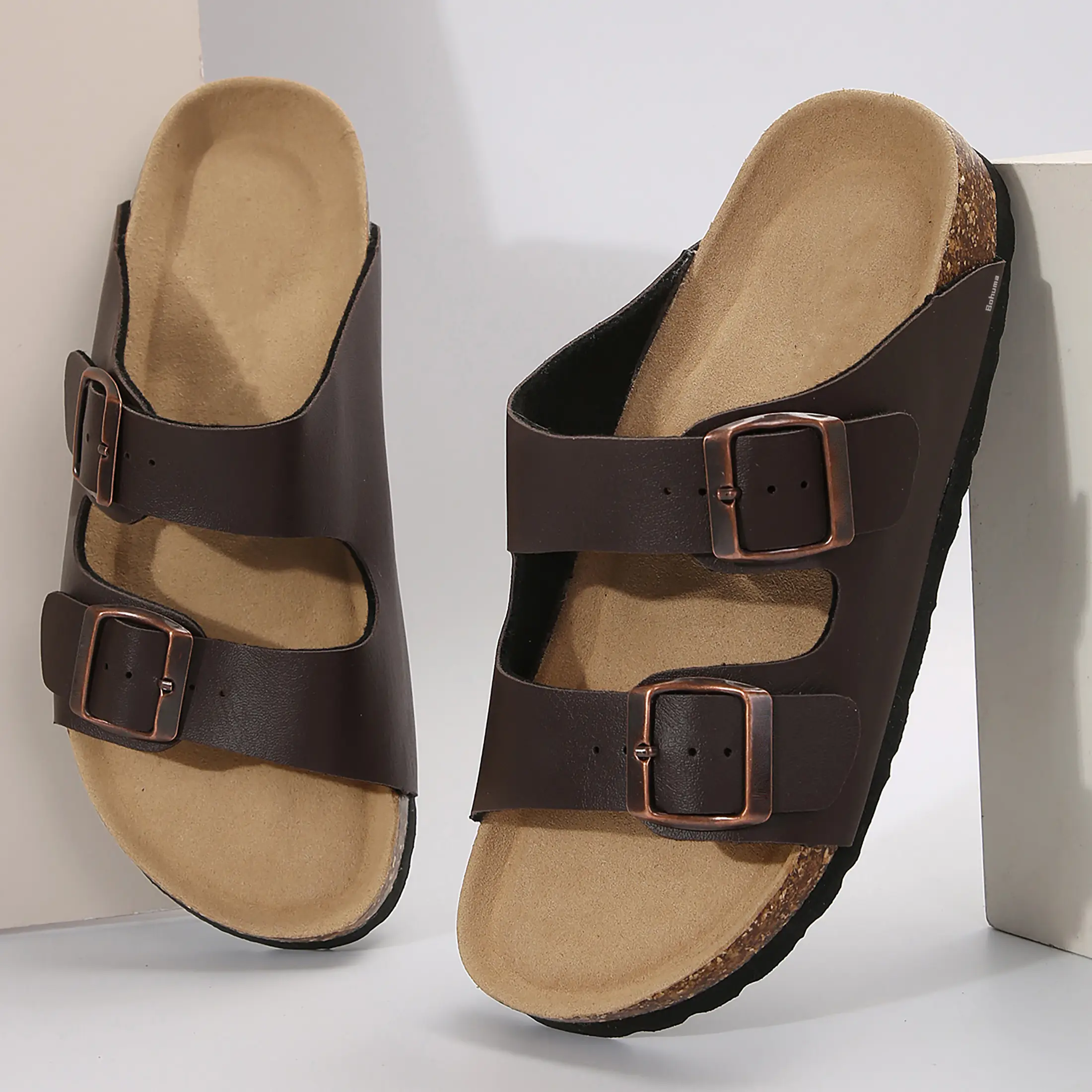 Women's Cork Footbed Slides Adjustable Buckled Slip on Slippers Open Toe Softy Flat Sandals