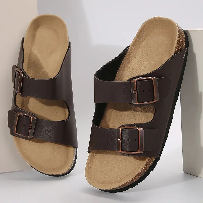 Women's Cork Footbed Slides Adjustable Buckled Slip on Slippers Open Toe Softy Flat Sandals Springfresh