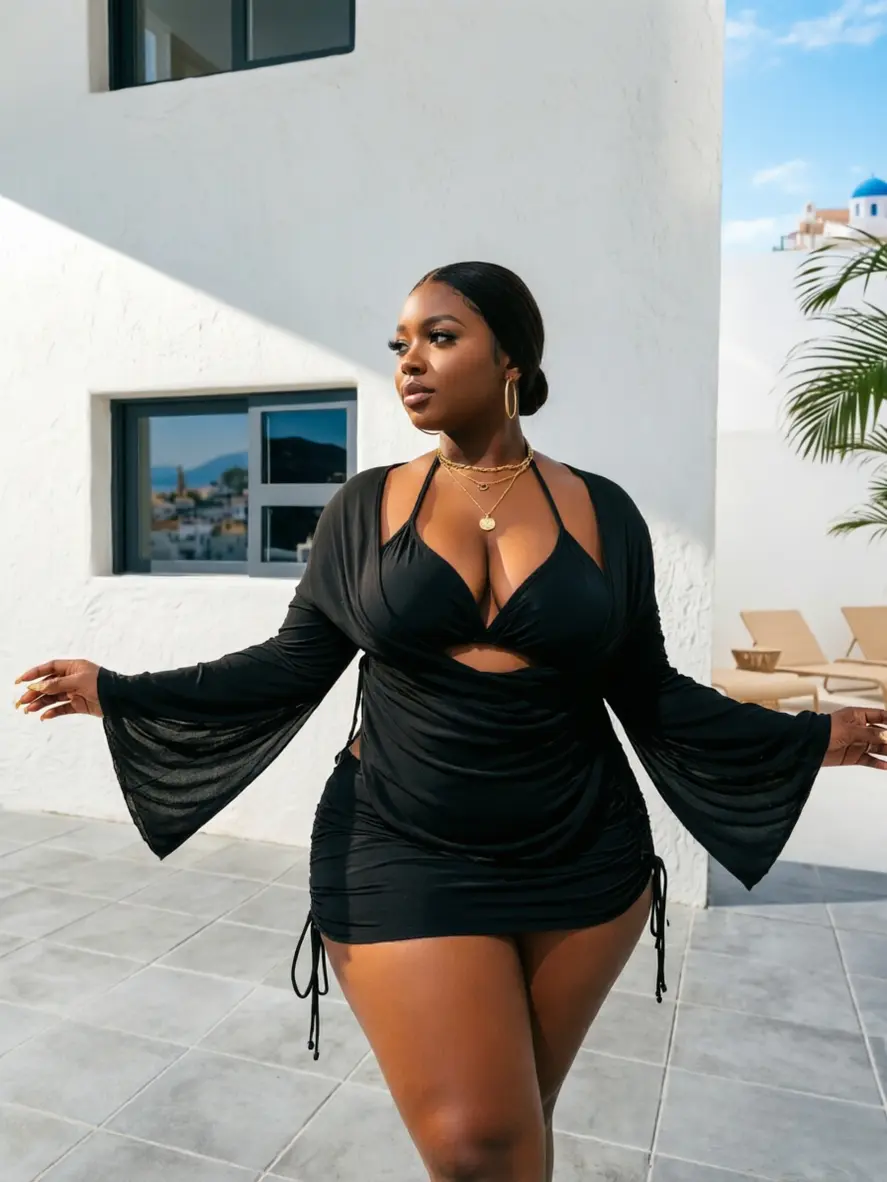Women's Plus Size 4-Piece Bikini Swimwear Set - 2026 Black Halter Cutout Top, Bottom, Ruched Drawstring Skirt, Sheer Mesh Bell Sleeve Cover-Up, Chic Beachwear Swimsuit for Beach & Vacation (Plus Size Clothes), Chic Bathing Suit, Beachwear Swimsuit Set, Wo