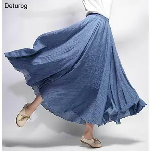 Women's Elegant High Waist Linen Maxi Skirt 2023 Summer Ladies Casual Elastic Waist 2 Layers Skirts saia feminina 20 Colors SK53