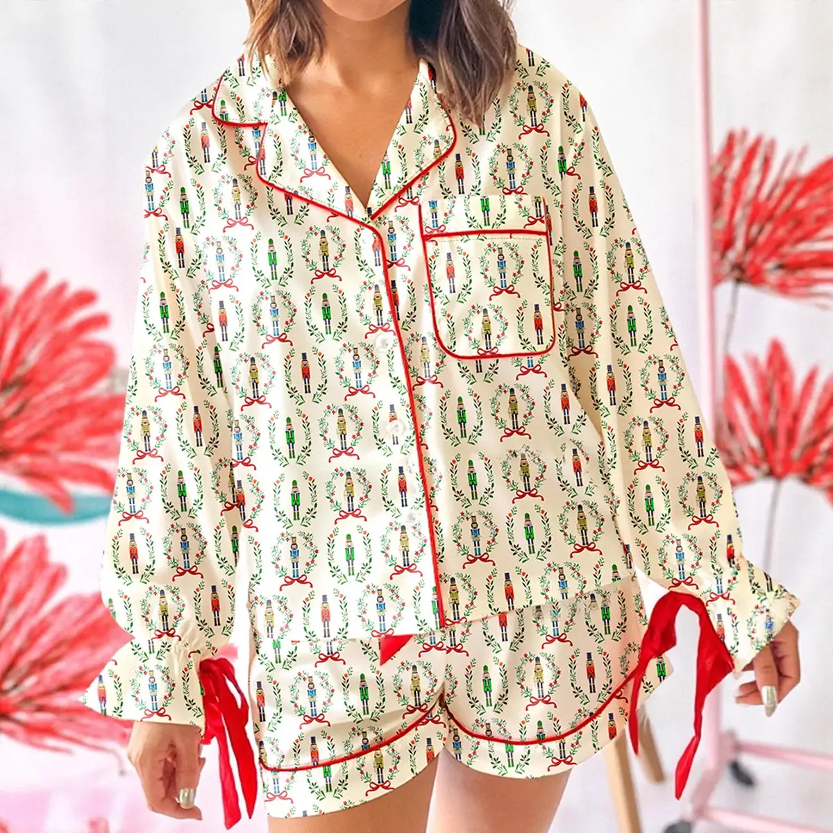 Plus Size Korean Xmas Sleepwear, Cute Bow Heart Graphic 2-Piece Nightwear Set with Long Sleeve Shirt and Ruffle Shorts, Print, Full Sleeves, Casual, Pajamas, Loungewear, Ruffled Shorts