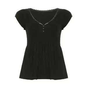 [LTO]Women'S Plain V Neck Tee, Casual Short Sleeve T-Shirt For Summer, Ladies Clothes For Daily Wear, Top Black Womenswear