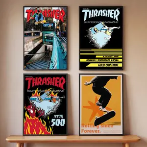 Thrasher Magazine Skater Poster,  90s Street Culture Wall Art, Wall Art for Living Room Dormitory Bathroom Kitchen Vintage Bedroom Dorm Decor