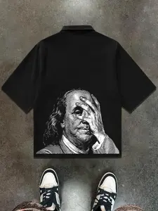 Men's Benjamin Franklin Print Short Sleeve Shirt, Loose Street Fashion Casual Graphic Design Lapel Neckline Top for Summer, Men's Clothes for Daily Wear, Gamis, Menswear