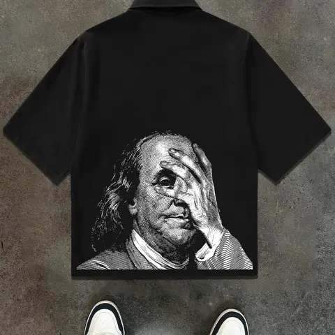 Men's Benjamin Franklin Print Short Sleeve Shirt, Loose Oversized Street Fashion Casual Graphic Design Lapel Neckline Top for Summer, Men's Clothes for Daily Wear, Casual Streetwear, Casual Fashion Clothing, Gamis, Menswear