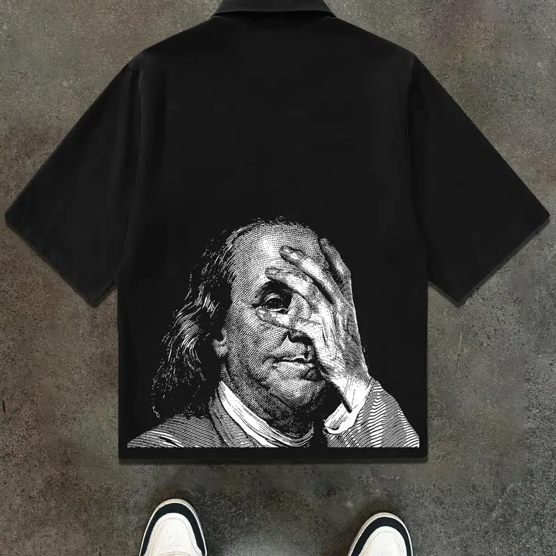 Men's Benjamin Franklin Print Short Sleeve Shirt, Loose Oversized Street Fashion Casual Graphic Design Lapel Neckline Top for Summer, Men's Clothes for Daily Wear, Casual Streetwear, Casual Fashion Clothing, Gamis, Menswear