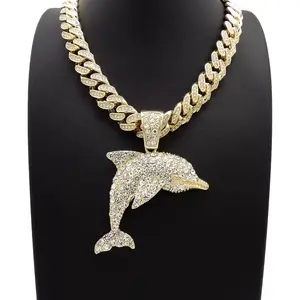 Hip Hop Gold Silver Plated Punk Style Dolphin Pendant & 13mm 16"~ 30" Iced Cubic Zirconia Cuban Chain Necklace Daily Birthday Male Anniversary