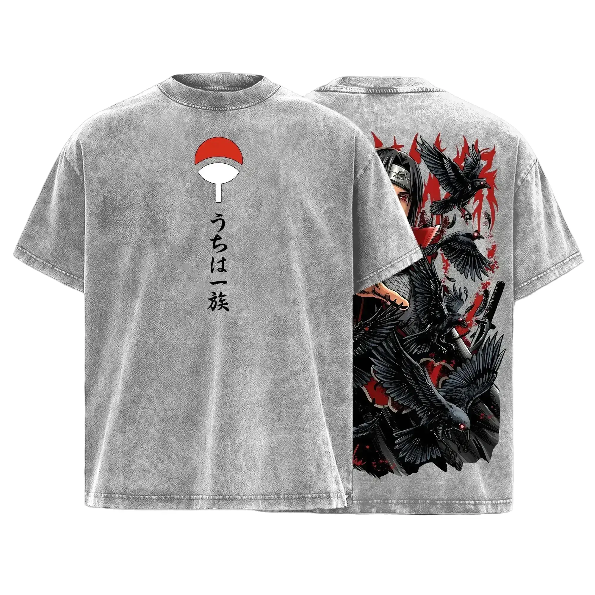 Uchiha Clan Crow Illusion Sharingan Red Eye Shinobi Vintage Washed Oversized Graphic T-Shirt Dark Ninja Anime Streetwear Unisex Distressed Cotton Tee For Men Women Anime Fans