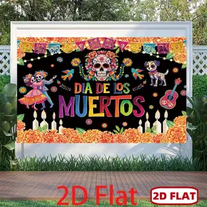 1pc 2D Flat Day of the Dead Banner Backdrop with Skulls, Marigolds, Candles, String Lights, Dancing Couple & Sombreros - Vibrant Mexican Fiesta Party Decorations for Indoor/Outdoor Día de los