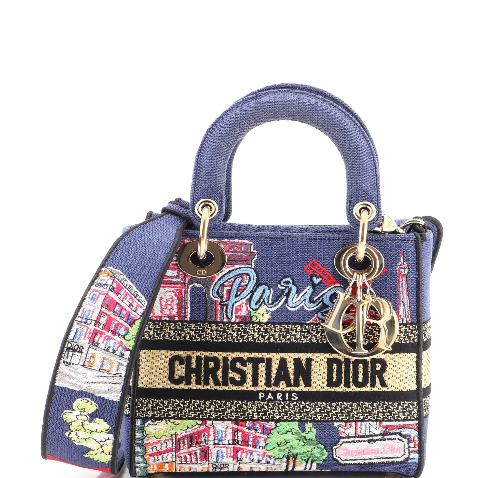 Pre-owned Dior Raffia, Canvas Plain Top Handle Bags Christian Lady D Lite Bag Embroidered Raffia Medium by Rebag