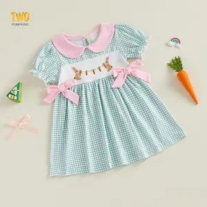 Little Girl Easter Dress Bunny Embroidery Short Sleeve Smocked Plaid Dresses Cute Doll Collar Princess Dress