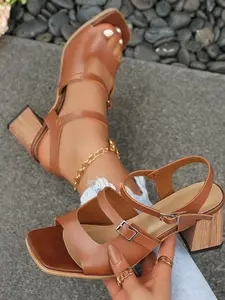 Summer New Women's Chunky Heel Buckle Design Versatile Fashion Open Toe High Heels Sandals, PU Leather, Square Toe, Flare Heel