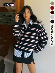 Women's Striped Knit Sweater Pullover, Casual Everyday Long Sleeve Knitwear, Comfortable Fall & Winter Fashion, Simple Style Tops