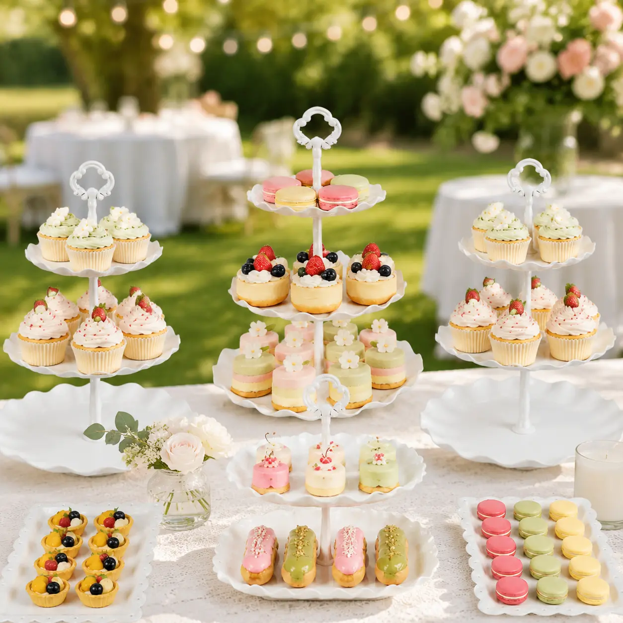 Strong Stable 11-Pack Square Plastic Cake Stand Set, 3x2-Layer & 3x3-Layer Cupcake Stands, 1xTablecloth, 1x3-Tier Cookie Tray, 4xDessert Trays for Baby Shower