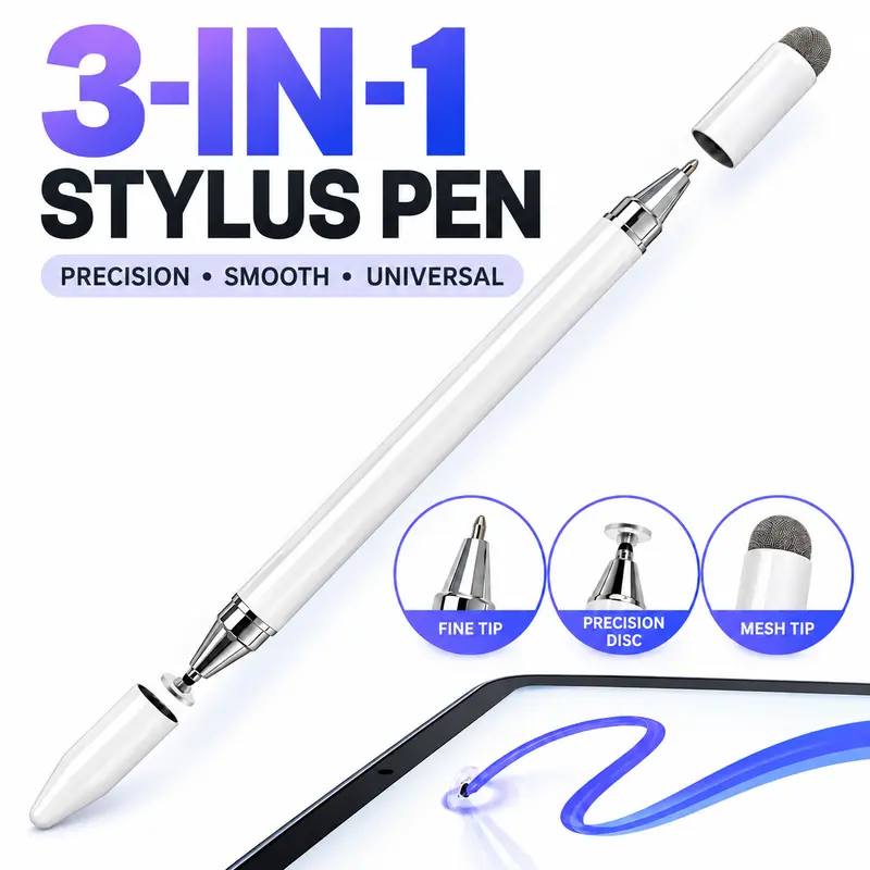 3-in-1 Universal Stylus Pen for Touchscreens, High-Sensitivity Precision Capacitive Pencil Compatible with iPad, iPhone, Android Tablets, Samsung Galaxy and Nintendo Switch