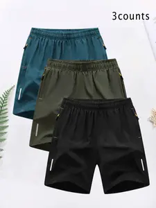 Men's Reflective Strip Zipper Pocket Gym Shorts, Breathable Comfortable Gym Shorts, Men's Sportswear Clothing for Indoor Outdoor Wear