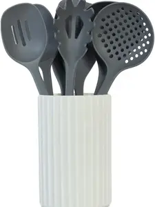 Glad Kitchen Utensils Set, 8pcs - Nonstick Cooking Tools with Utensil Holder - Nylon Spoon, Ladle, Skimmer, Spaghetti Server, and Turner Spatula Set - Dishwasher Safe, Grey