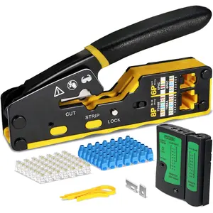 RJ45 Crimp Tool Kit, Ethernet Pass Through Crimper, Network Tool Kit, Cat5 Cat5e Cat6 Crimping Tool Repair Kit Includes Cable Tester, Mini Stripper, , 50 count Connectors and Strain  Boots