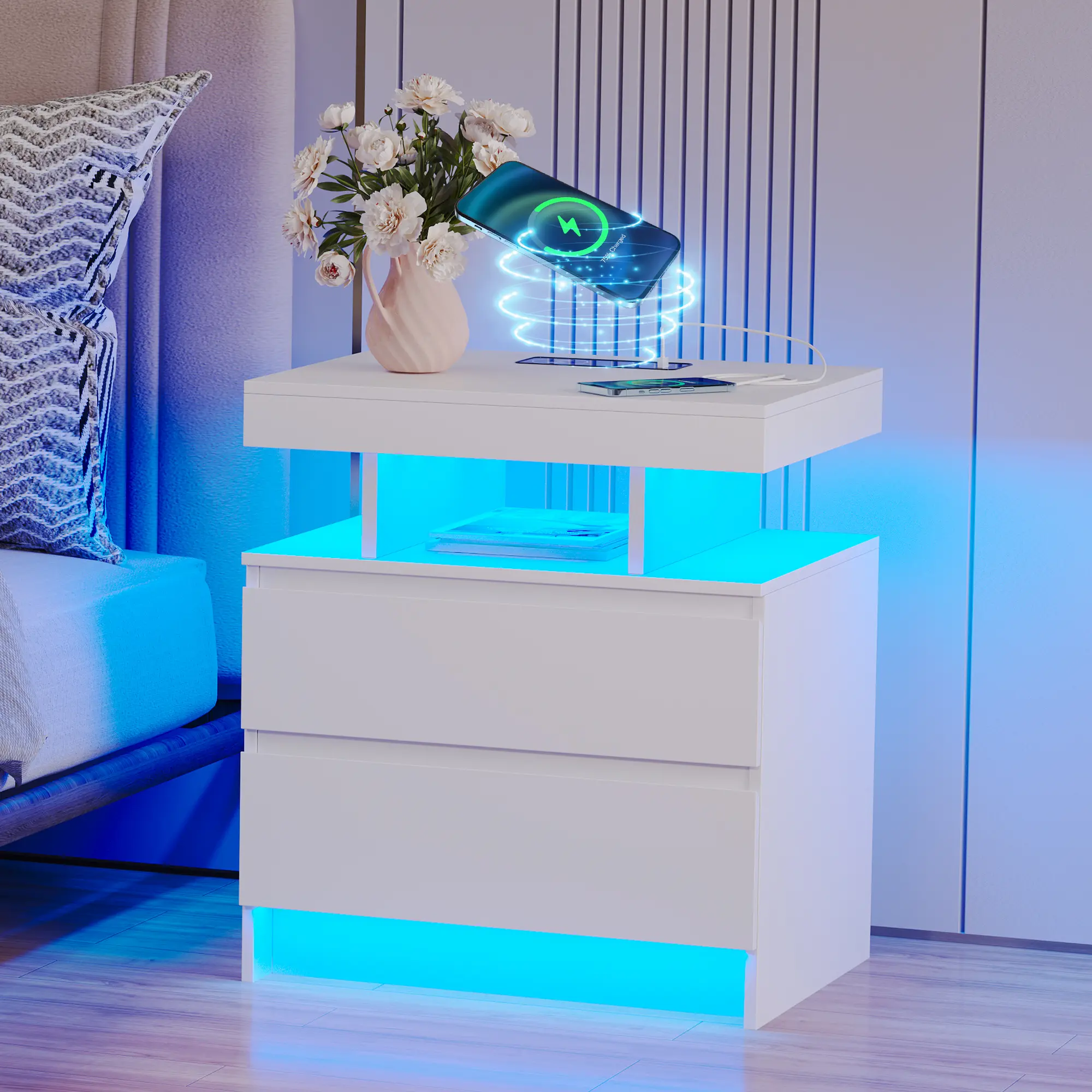 Lvifur Nightstand with Charging Station and LED Light, Modern Night Stand with 2 Drawers, Smart Nightstand with USB Ports and Wireless Charger, Bedside Table for Bedroom