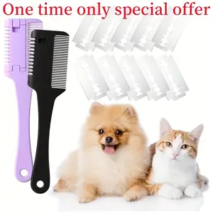 A pet razor comb with 10 replacement blades, 2-in-1 dog and cat shearing trimmer, PP double-sided shearing comb for all breeds, safety trimming tool for hair removal and thinning