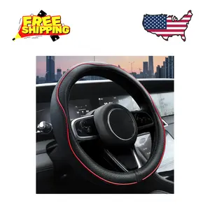 Car Steering Wheel Cover, Microfiber Leather Anti-Slip Lining, 14.5-15 inches Black with Red line