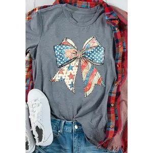 Gray US Flag Bow Print Round Neck Loose T Shirt